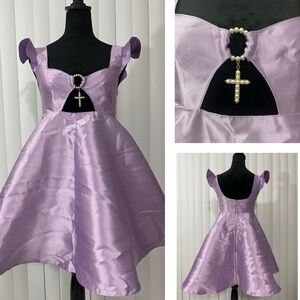 SUGAR THRILLZ Devine Delivery Satin Mini Babydoll Dress Fit Flare Light Purple S